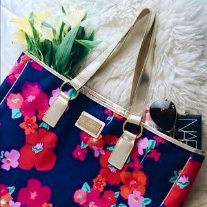Lilly Pulitzer Large Summer Blossom Tote Bag Floral Gold Waterproof Lined Cotton